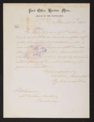 1879-11-04 Letter: E.S. Tobey, Postmaster Boston, to J.W. Lovering, "mail deliveries", 2014.020.003-015