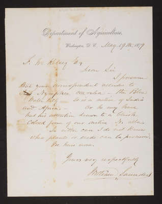 1879-05-19 Letter: William Saunders to F. W. Kelsey about "Nymphae caerulia," 2014.020.003-007