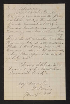 1880-06-17 Letter: Dr. Henry S. Chase, Saint Louis Cremation Society, to Superintendent, requesting info about Mount Auburn, 2014.020.004-008
