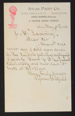 1880-05-10 Letter: Lyman Hatfield, Atlas Paint Co., to J. W. Lovering, "Petrifying Liquid," 2014.020.004-005