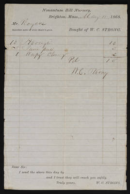 1868-05-11 Horticulture Invoice: W. C. Strong, Nonantum Hill Nursery, 2021.005.016 