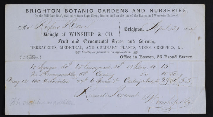 1854-04-21 Horticulture Invoice: Winship & Co., Brighton Botanic Gardens and Nurseries, 2021.005.004 