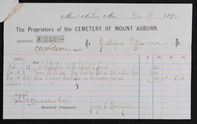 Invoice for Lime, Railroad Fares: George F. Barrington, 1872 December 1 (recto)