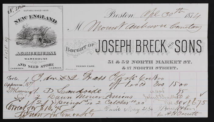 1874-04-30 Horticulture Invoice: Joseph Breck & Sons, 2021.005.058