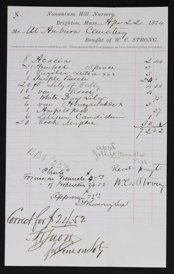 Horticulture Invoice: W. C. Strong, Nonantum Hill Nursery, 1874 April 22 (recto)