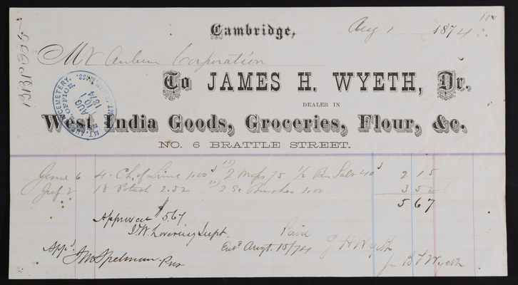 Horticulture Invoice: James H. Wyeth, 1874 August (recto)
