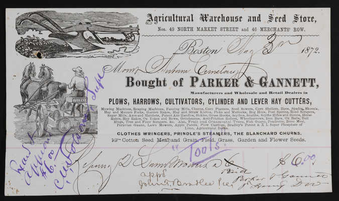 Horticulture Invoice: Parker & Gannett, 1872 August 3 (recto)