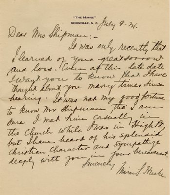 Letter from Marion S. Huske to Hazel F. Shipman, July 8, 1924