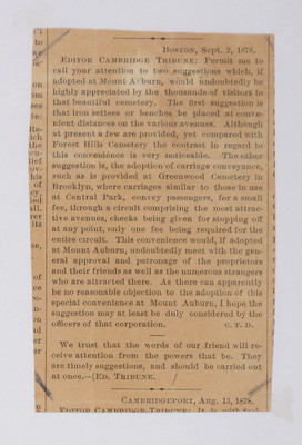 1878-09-02 Letter: Press Clipping, Letter to the Editor suggesting more benches, Cambridge Tribune, 2014.020.002-002