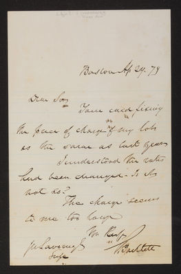 1879-04-29 Letter: T. Bartlett to J.W. Lovering, "overcharge," 2014.020.003-003