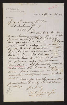 1880-04-20 Letter: A. T. Turner, Jr. to J. W. Lovering, Lot 4610, "myrtle", 2014.020.004-004