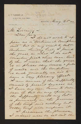 Letter: A. T. Turner, Jr. to Mr. Lovering, 1880 May 25, "poor turf" (page 1)