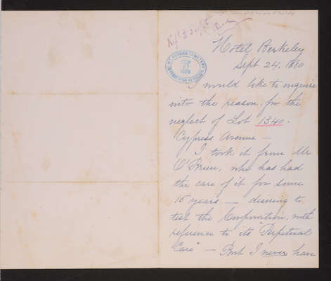 Letter: M.S. Shattuck to Mount Auburn, 1880 September 24, Lot 1340 (page 1)