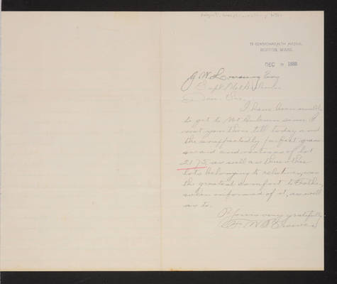 Letter: F. W. Brewer to J. W. Lovering, 1888 December 8, "complimentary letter"