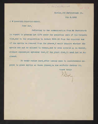 1892-02-08 Letter: H. Derby to J. W. Lovering, Lot 1174 "Myrtle Graves, PC Without Renewal," 2014.020.015-004
