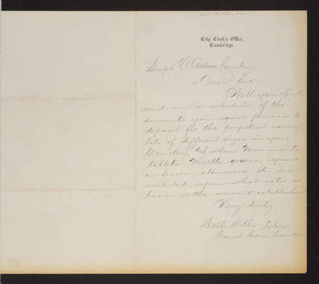 1889 Letter: Walter W. Pike, City Clerk, Cambridge Cemetery, to Superintendent [Lovering], requesting prices, 2014.020.012-001