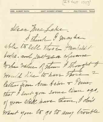 Letter from Mrs. Albert Ruth to Mary Daggett Lake: October 23, 1937