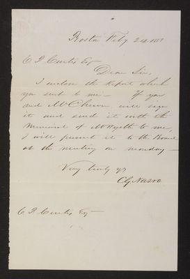 1858-03-01 Trustee Committee on the Wyeth Memorial, cover letter by Nazro to Curtis, 2021.004.063