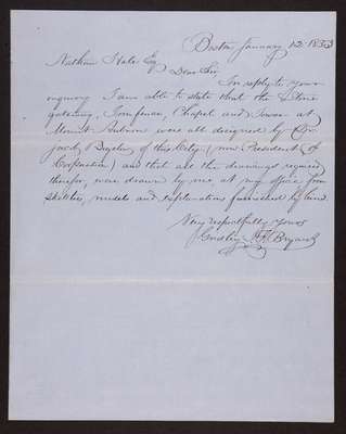 1853-01-12 Buildings: Letter from Gridley J. F. Bryant to Nathan Hale, Bigelow as Designer, 1831.014.001