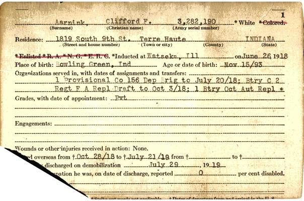 Indiana WWI Service Record Cards, Army and Marine Last Names "AAR - ADA"