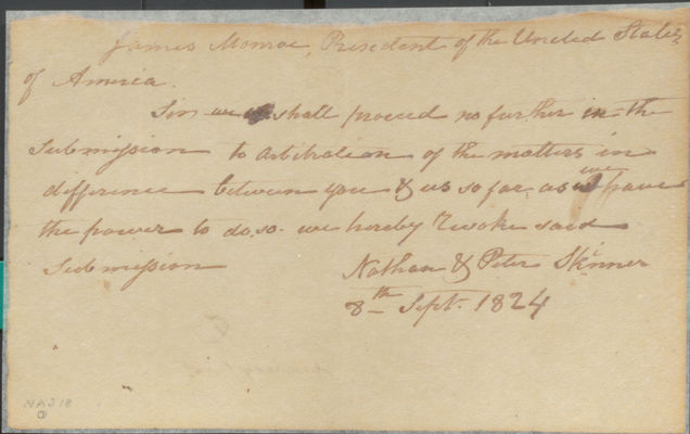Skinner Revocation of Agreement to Arbitrate Addressed to Monroe, 8 September 1824