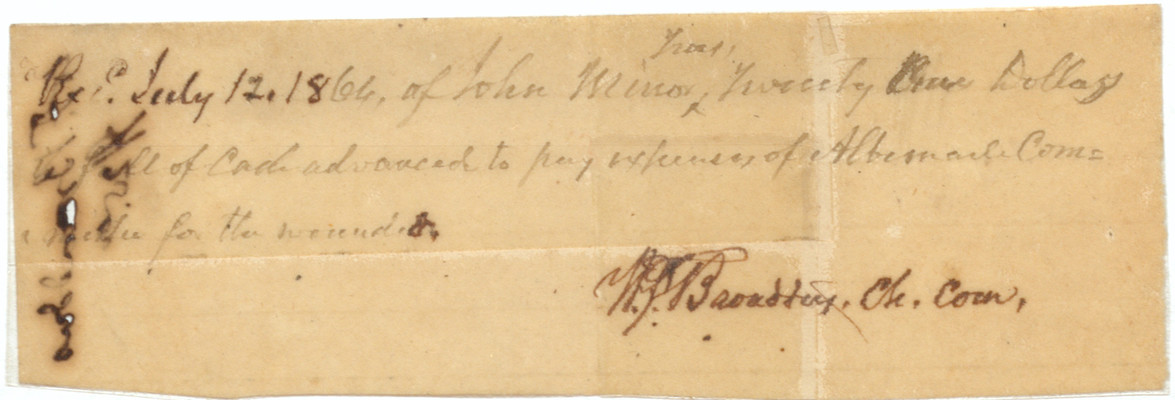 Receipt for Cash Paid by Minor to Albemarle Committee for the Wounded, 12 July 1864