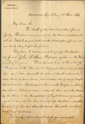 Letter from Mosby to Governor Recommending Minor for Judgeship, 25 April 1866