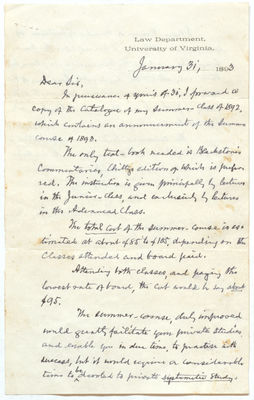 Letter from Minor to Browning Recommending the Law Summer Course, 31 January 1893