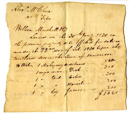Personal property levy in the case of Alexander McClure vs Wilson Marshall and company, 1830