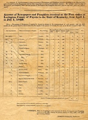 Broadside listing all of the newspapers and pamphlets received by the Lexington, Kentucky, Post Office, between April and July, 1829.
