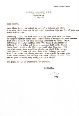 Letter from Tony DeMuth to Graves Thompson