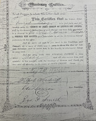 Community - Missionary Certificate for Conrad Maag, 6 May 1892 [C-85]