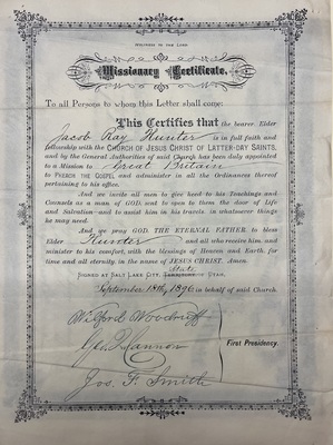 Community - Missionary Certificate for Jacob Ray Hunter, 18 September 1896 [C-86]