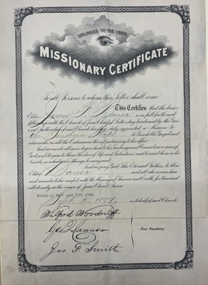 Community - Missionary Certificate for James F. Bauer, 2 September 1897 [C-87]