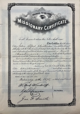 Community - Missionary Certificate for John Alfred Christensen, 4 February 1898 [C-88]